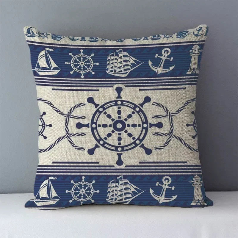 Navy Blue Mediterranean Print Linen Cushion Cover by Axyaa - 45x45cm