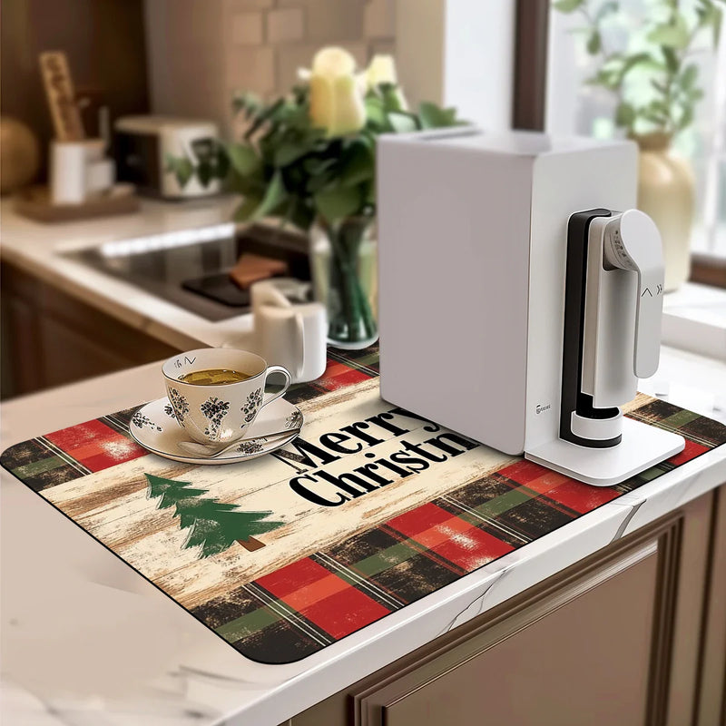 Axyaa Christmas Plaid Kitchen Antiskid Drying Mat | Quick Dry Bathroom Drain Pad