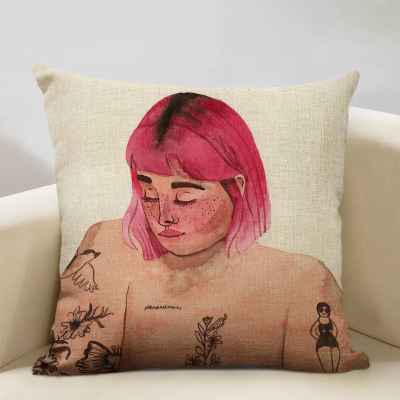 Axyaa Beauty Girl Cat Print Linen Pillowcase Portrait Cartoon Home Decor Cover