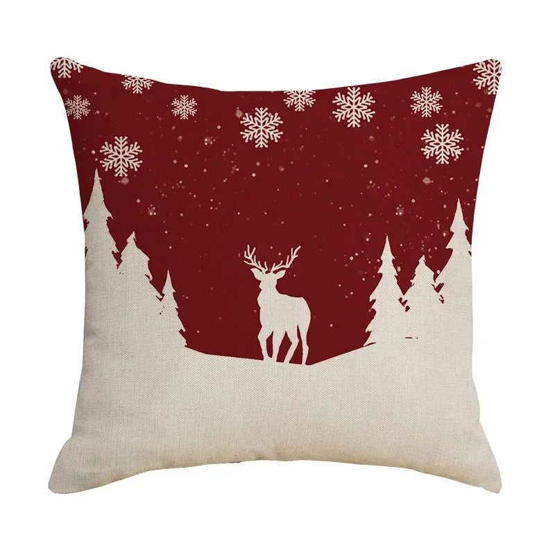 Axyaa Christmas Linen Print Throw Pillow Cover for Home Sofa, Living Room and Bedroom
