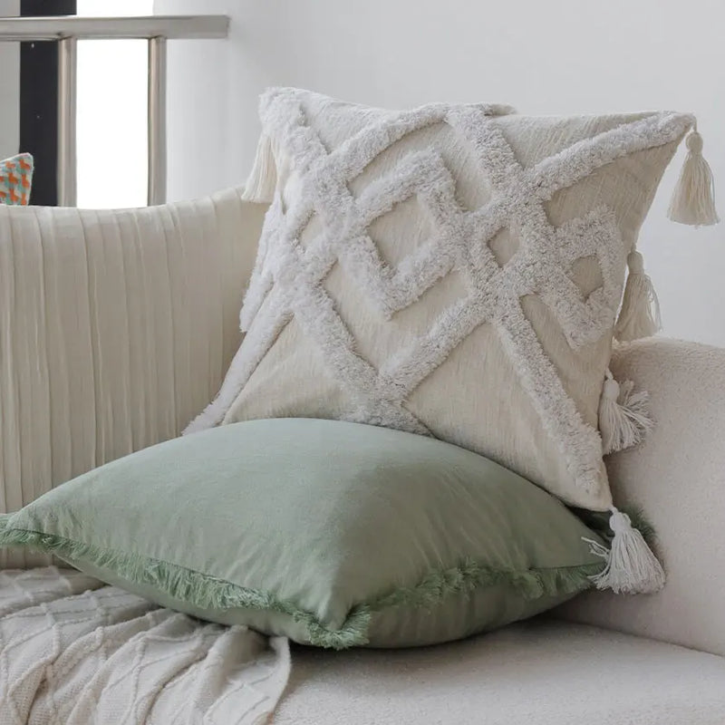 Axyaa White Tufted Tassel Cushion Cover - Mori Style Home Decor Pillowcase