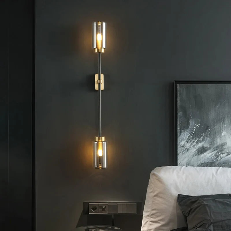 Axyaa Smokey Gray Glass LED Wall Lights Linear Brass Indoor Decor Luxe Hotel Living Room
