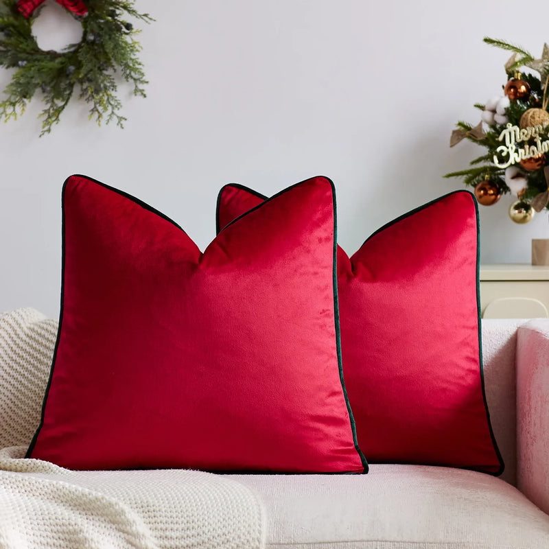 Axyaa Christmas Red Green Velvet Cushion Cover with Contract Piping - 45x45cm