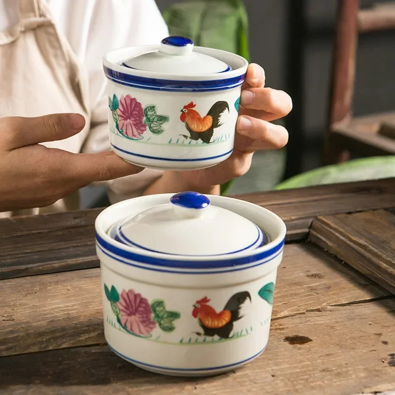 Axya Ceramic Rooster Soup Cup with Lid, Waterproof Dessert Cup for Hotel & Restaurant