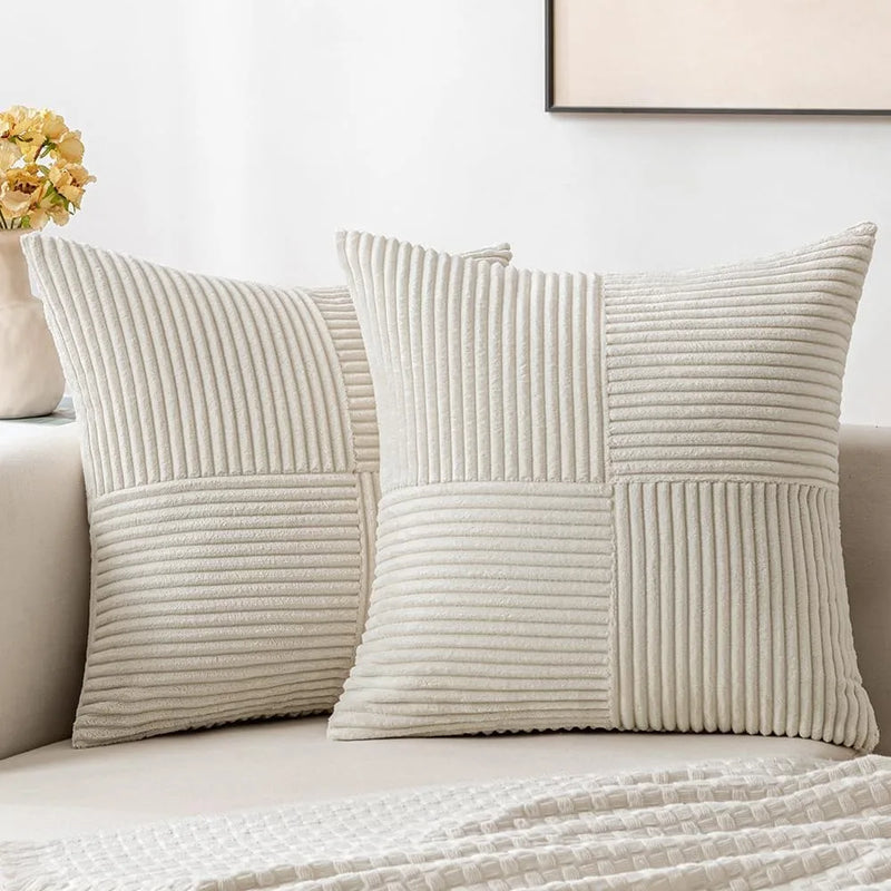 Axyaa Beige Corduroy Throw Pillow Covers 18x18 - Boho Home Decor for Sofa, Couch, Bed
