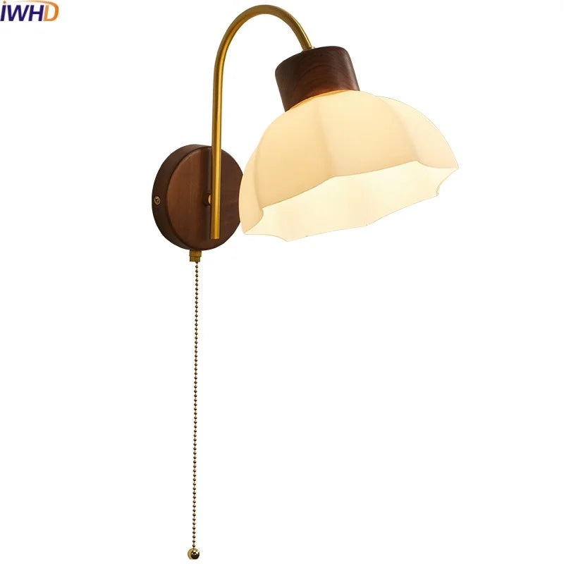 Axyaa Modern LED Wall Lamp Sconce Glass Wood Pull Chain Switch Stair Lights