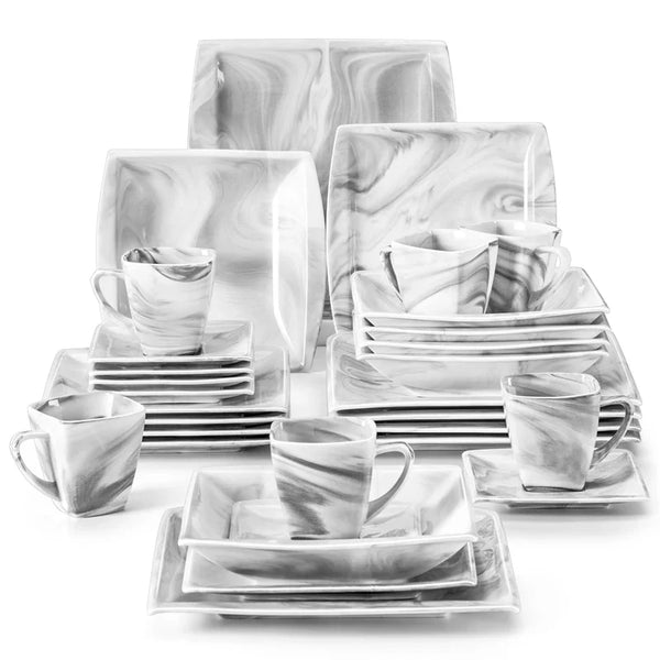 Axya Blance Marble Grey Porcelain Tableware Set for 12