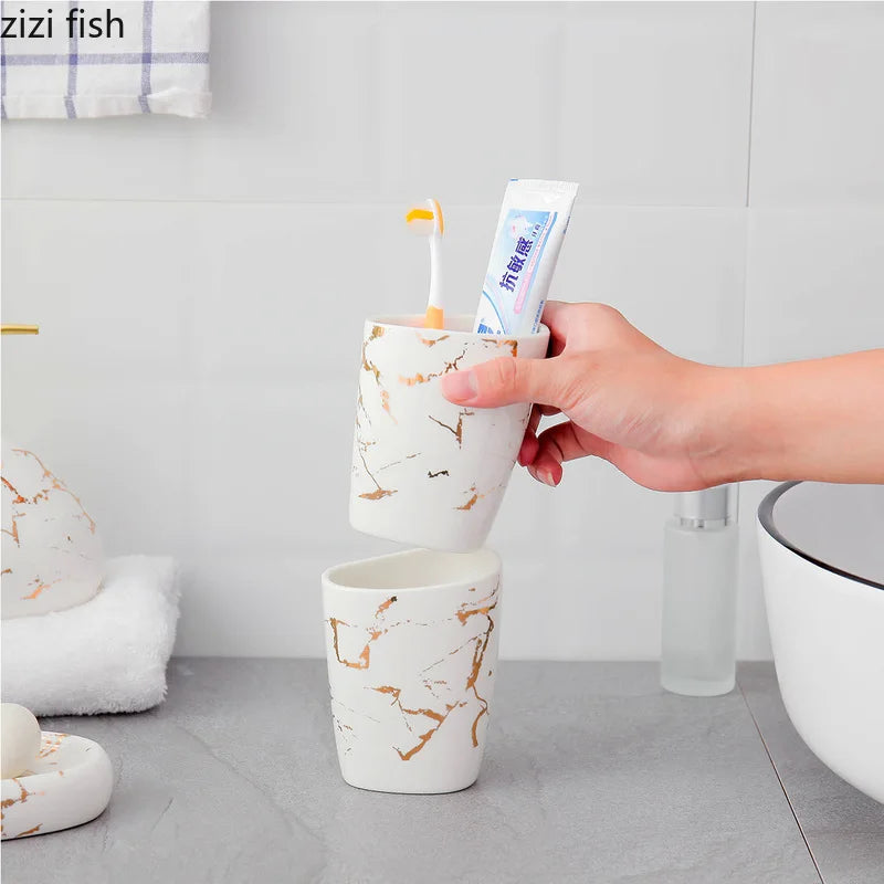 Axya Gold Marble Ceramic Bathroom Set - 7pcs