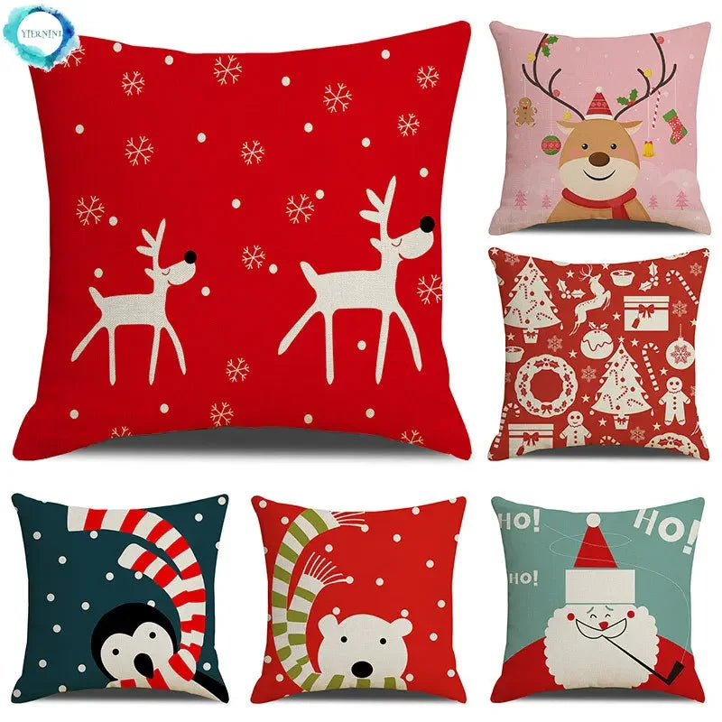 Christmas Cartoon Pillowcase | Deer & Bear Print | Linen Cushion Cover | Axyaa Brand