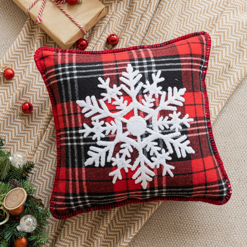 Axyaa Snowflake Jingle Bell Cushion Cover 45x45cm Checkered Christmas Pillow Case