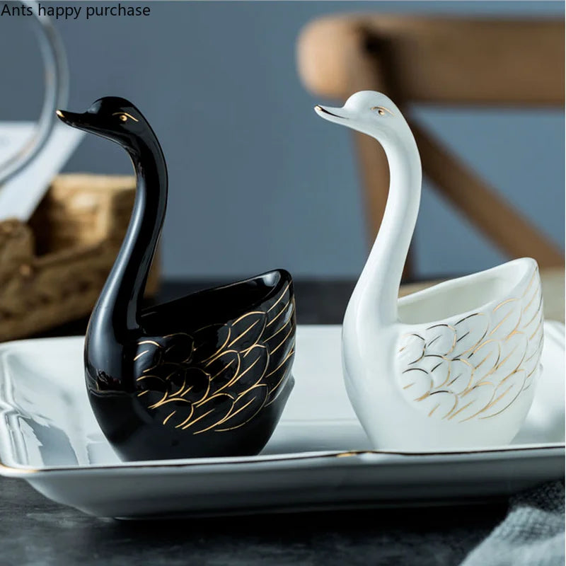 Axya Swan Ceramic Storage Fruit Fork Set, Stainless Steel Dessert Stick Tableware