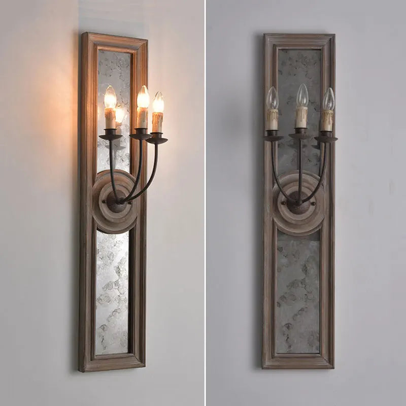 Axyaa Wooden Mirror Frame Wall Lamp: Retro French Style for Home Décor