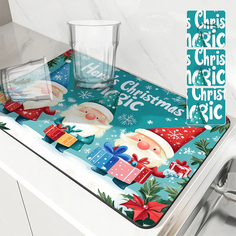 Axyaa Snowflake Fir Kitchen Mat: Absorbent, Antiskid, Quick Drain Pad for Tableware & Dishes