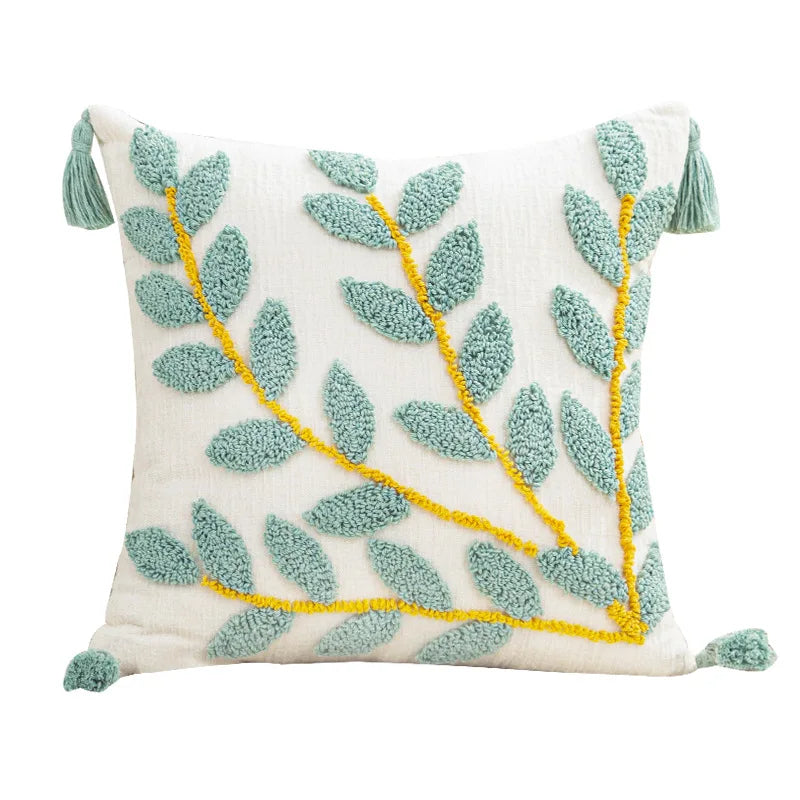 Axyaa Tufted Tulip Plant Leaves Chenille Tassel Cushion Cover for Home Decoration