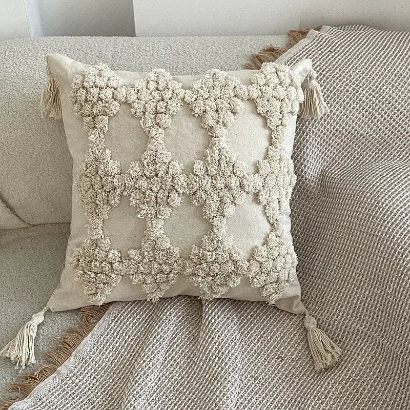 Moroccan Beige Fringe Tufted Pillow Case for Chic Home Decor by Axyaa