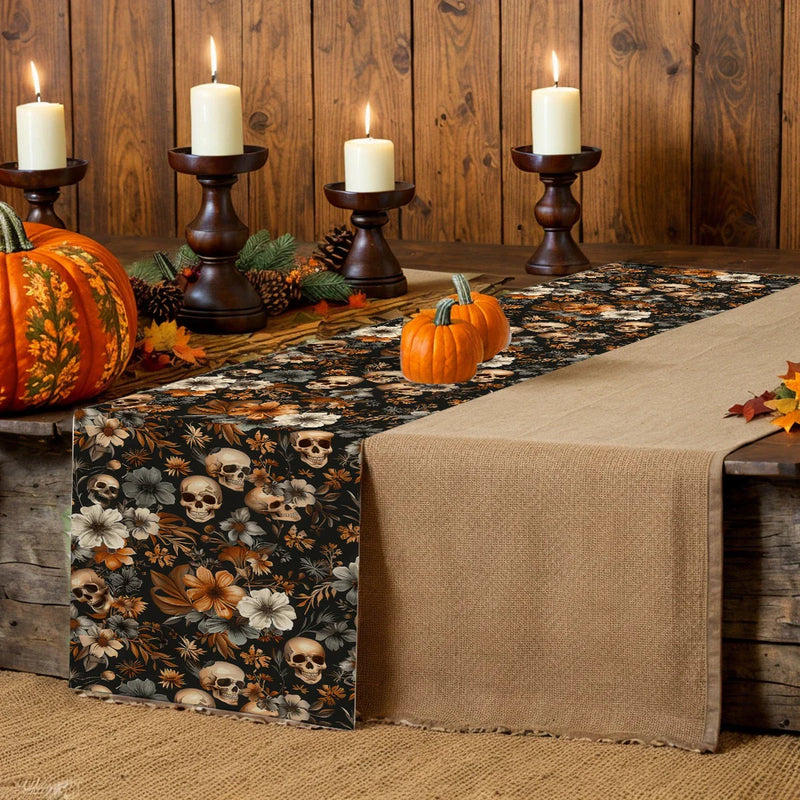Axyaa Flower Skull Table Runner for Festive Dining Decor
