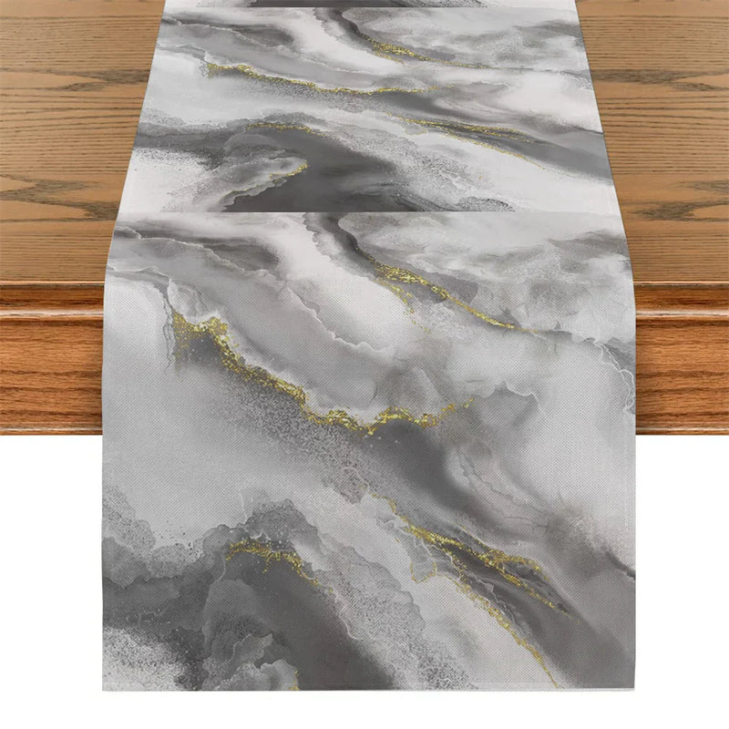 Pink Champagne Gold Textured Table Runner by Axyaa: Elegant Grey Marble Design for Stylish Tables
