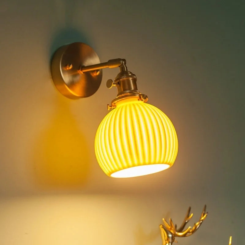 Axyaa Nordic LED Wall Lamps, Modern Copper Arm Ceramic Light for Living Room, Bedroom