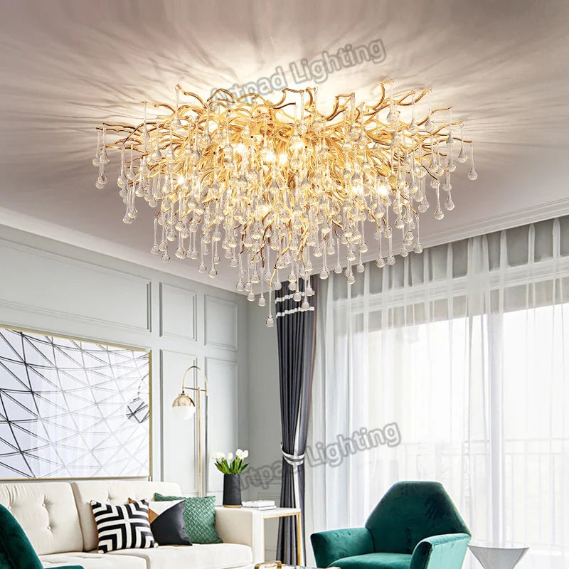 Axyaa Crystal Gold Tree Branch Ceiling Chandelier