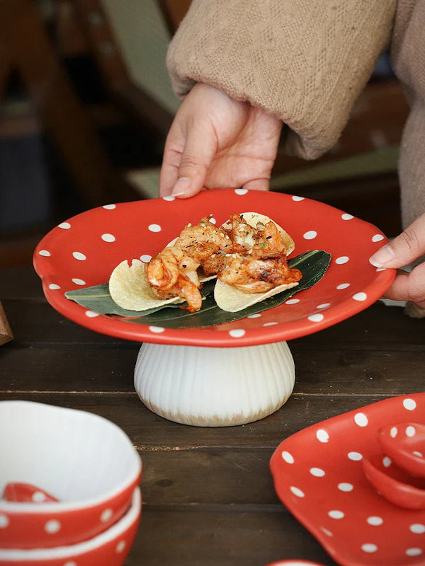 Axya Circular Red Mushroom Tray: Cute Fruit Storage Plate, Home Tableware & Decor.