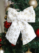 Axyaa White Furry Gold Snowflake Print Christmas Tree Topper Bow & Hanging Ornaments