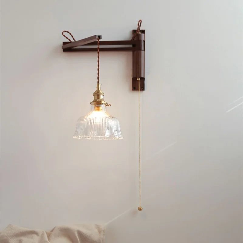 Axyaa Clear Glass LED Wall Sconce with Arm, Black Walnut Wood Stair Light