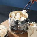 Axyaa Stainless Steel Bamboo Steamer Set - Round Drawer, Handle, Grid, Bamboo Lid