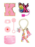 Axyaa Cup Set: Initials Silicone Straw Cap Boot Handle Sticker Charm