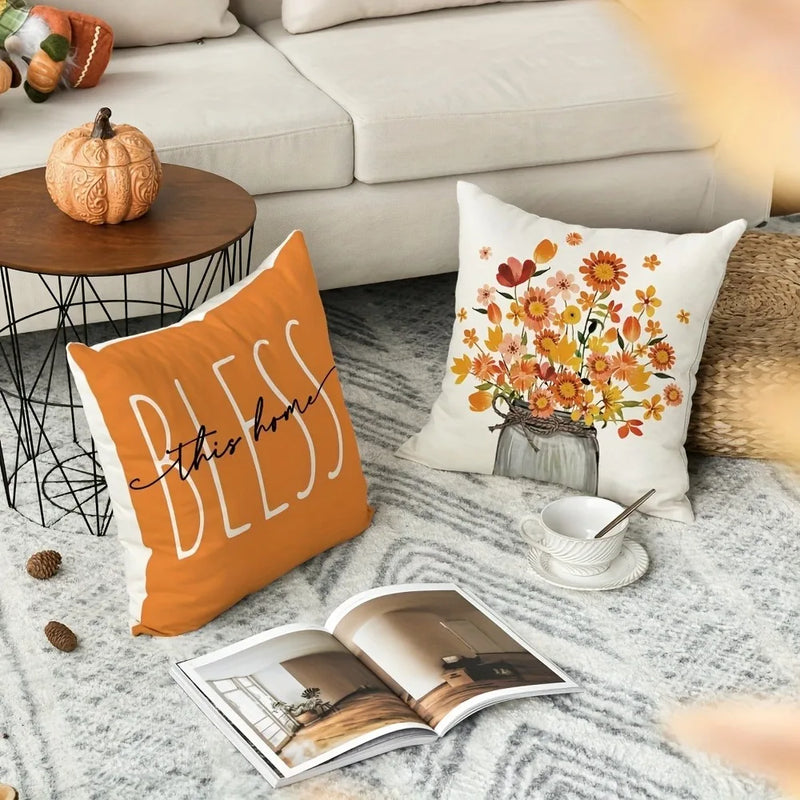 Axyaa Orange Floral Pillowcase - Home Decor Sofa Chair Cushion Cover