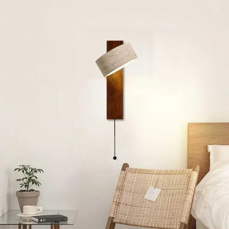 Axyaa Wabi Sabi LED Wall Lamps Wood Yellow Travertine Pull Chain Switch Rotate Bedroom Living Room Lights