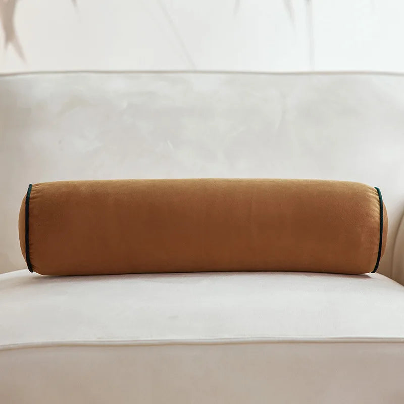 Axyaa Velvet Bolster Pillow - Corded Edge, Removable Cover - Cylindrical Neck Roll - 17.5x56cm