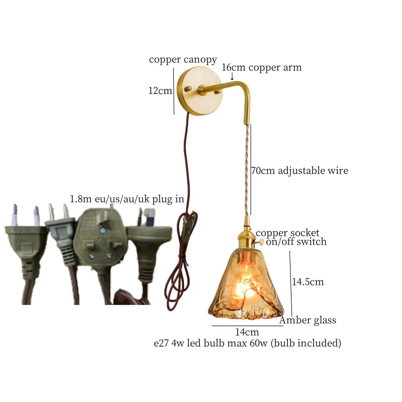 Axyaa Glass LED Wall Sconce Light Pull Chain Copper Applique Murale