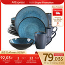 Axyaa Vintage Blue/Brown Stoneware Tableware Set: Plates, Bowls, Cups - 16/32/48 Pieces