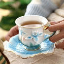 Axyaa Camellia Flower Ceramic Coffee Cup Saucer Set - Embossed Floral Design Mug Home Gift
