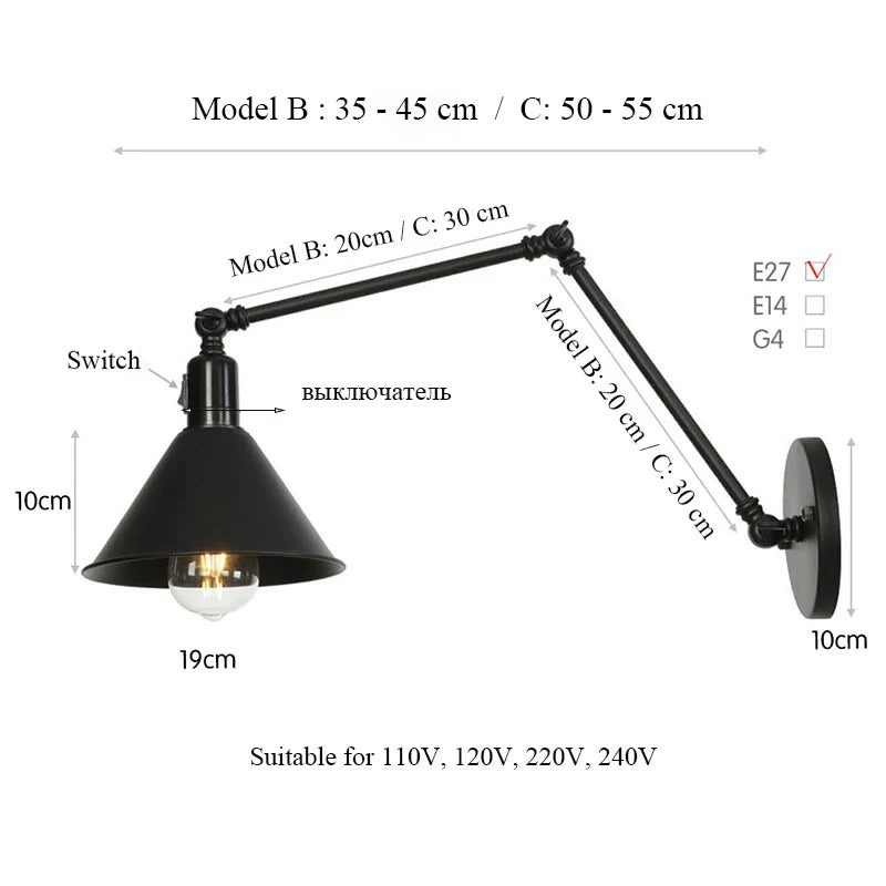 Axyaa Retro Black Wall Lamp with Long Arm for Living Room Reading