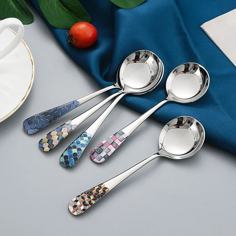 Axya Stainless Steel Colorful Korean Soup & Rice Spoon Set, Large Round Design