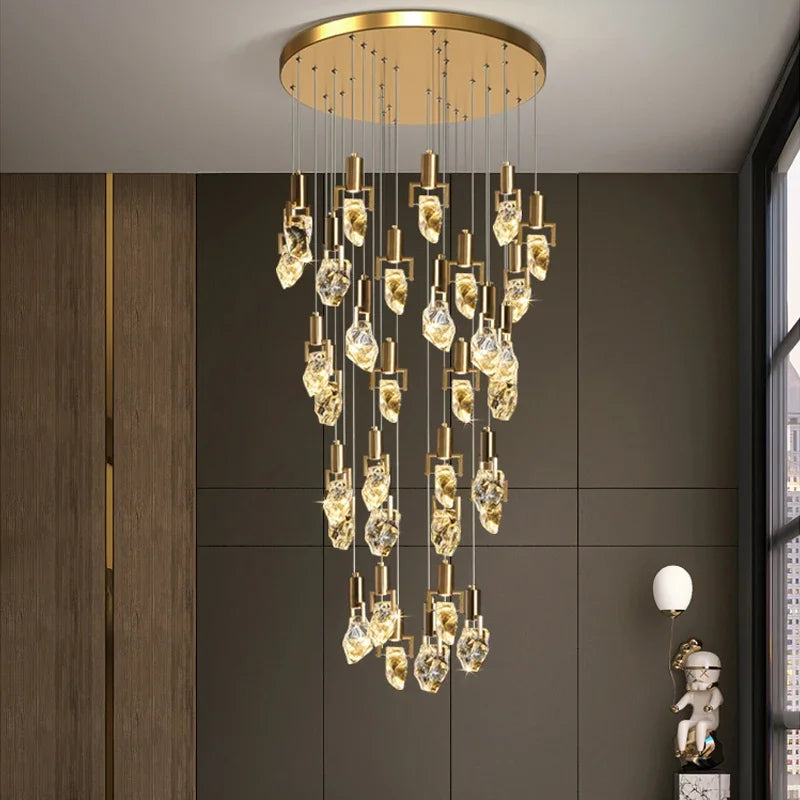 Axyaa LED Diamond Crystal Chandelier for Living Room Staircase - Gold Luminaire