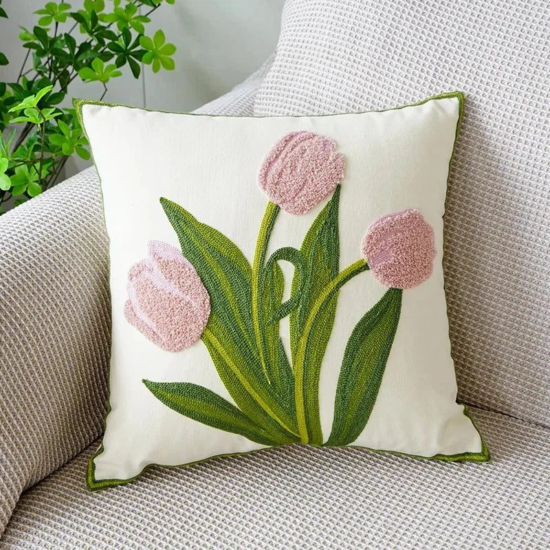 Axyaa Tulip Embroidered Throw Pillow Cover - Pastoral Style Decorative Cushion