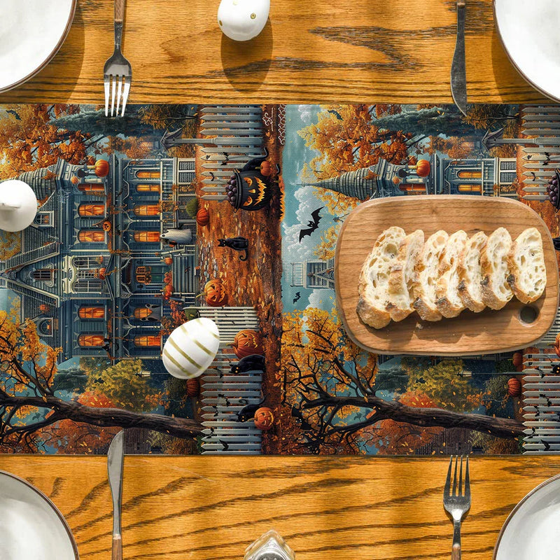Axyaa Halloween Castle Cat Table Runner Kitchen Dining Decoration