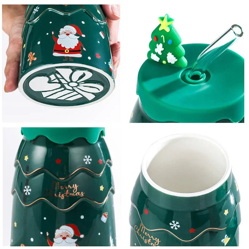 Axyaa Christmas Tree Ceramic Mug Set - Santa Claus Coffee Cup with Lid, Straw