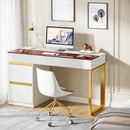 Axyaa Glass Top Writing Desk with Drawers, 47 Inch Modern Home Office, White/Gold
