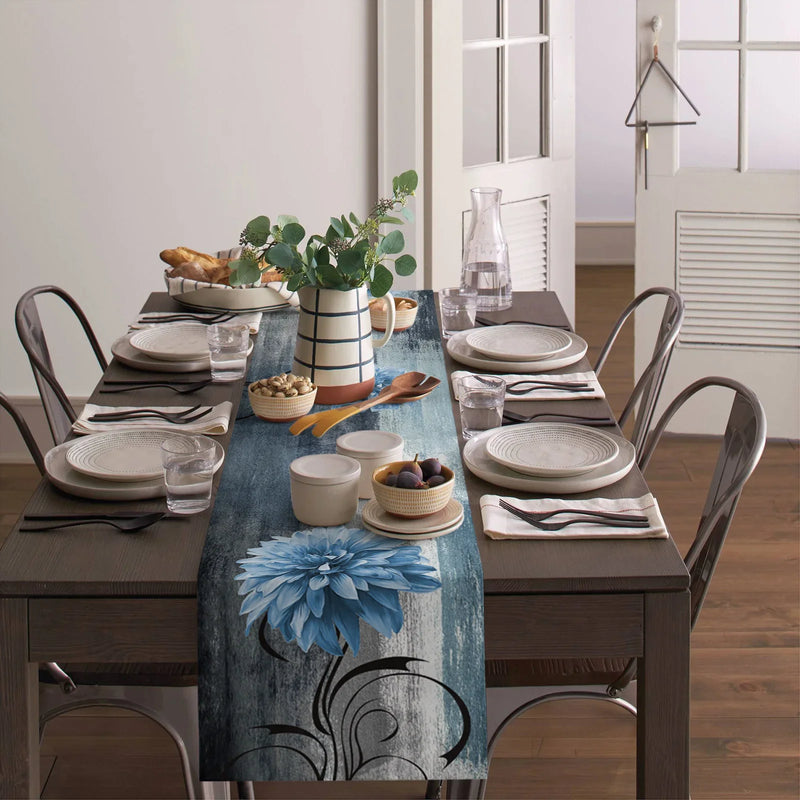 Axyaa Blue Dahlia Oil Painting Table Runner - Home Dinner Table Decor