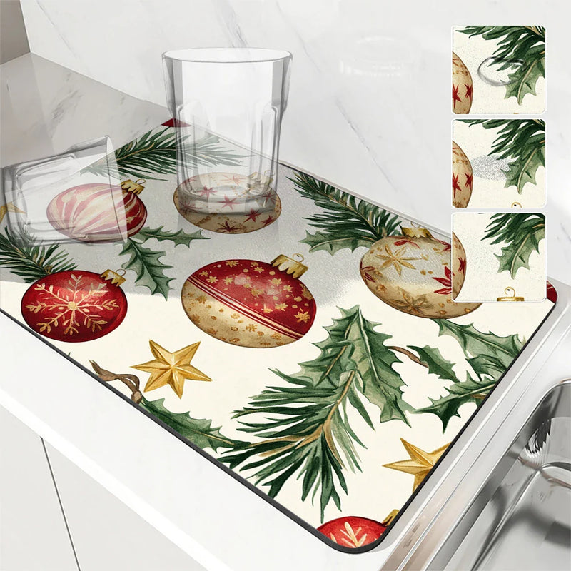 Axyaa Christmas Dish Drying Mat - Heat Resistant Non-slip Kitchen Counter Pad