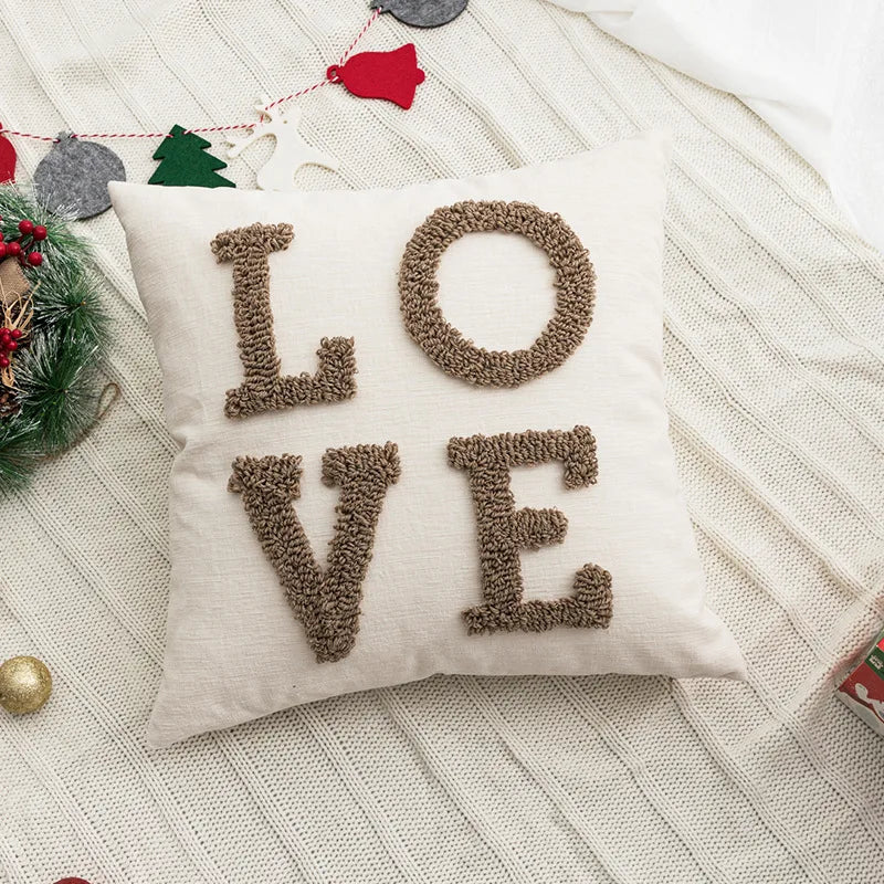 Christmas Chenille Plush Tufted Heart Tree Sugar Beige Cushion Cover for Home Decoration