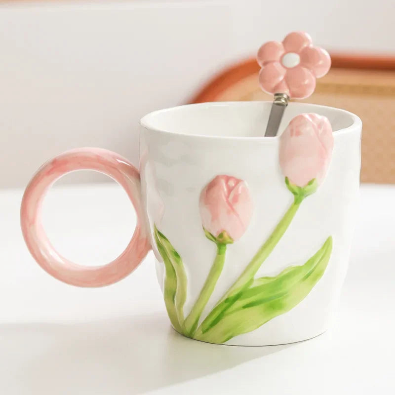 Axyaa Tulip Flower Ceramic Mug: 3D Design, Creative Relief, Ins Style, Coffee Cup