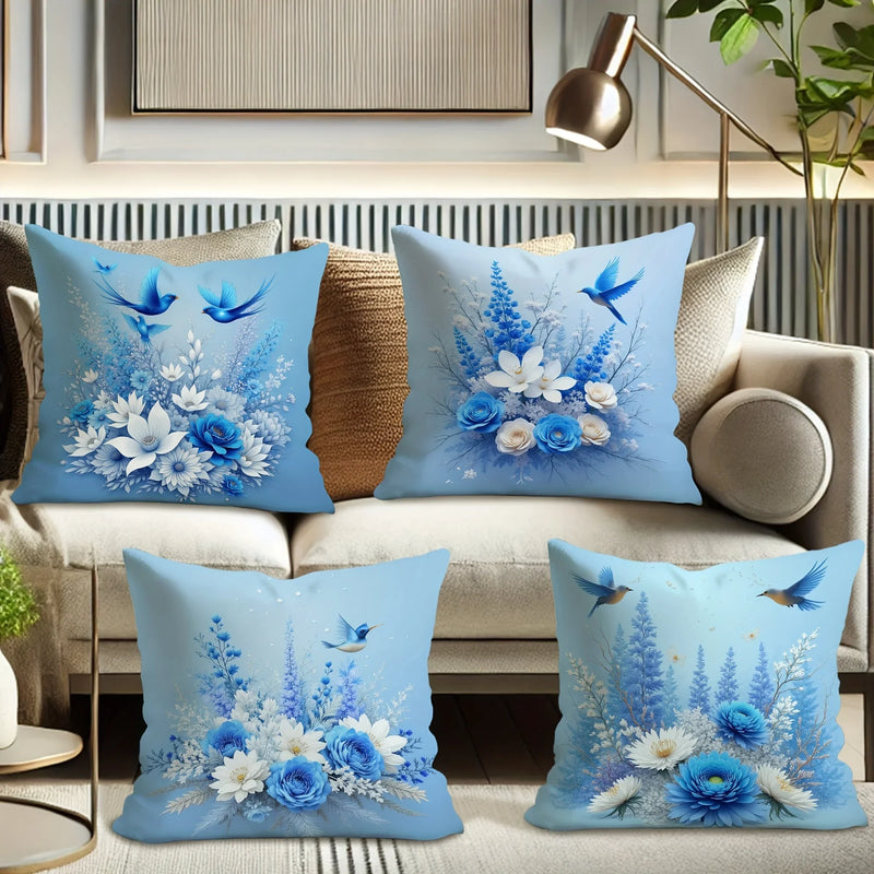 Blue Floral Bird Pillow Covers - Sky Blue Cushion Cases by Axyaa