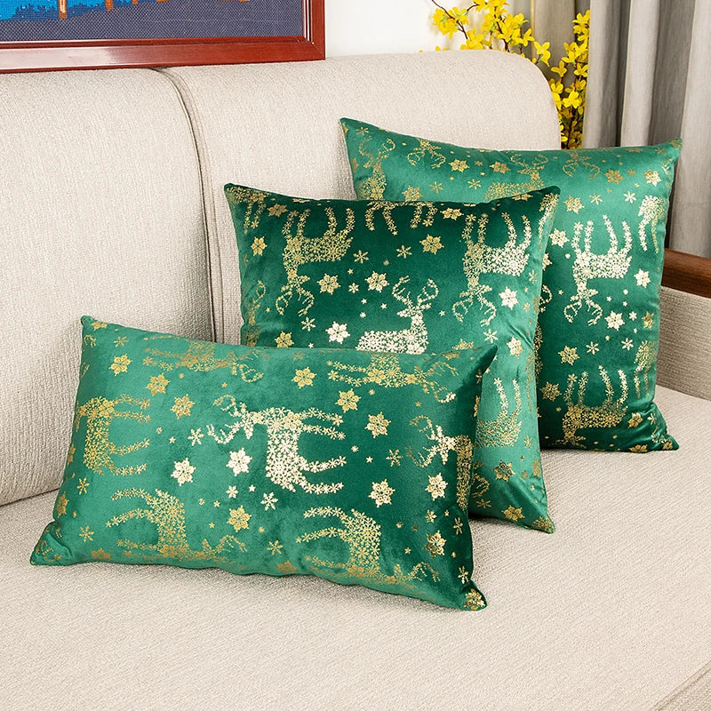 Axyaa Christmas Deer Snowflake Velvet Pillow Cover in Red Green, 30x50cm 45x45cm 50x50cm