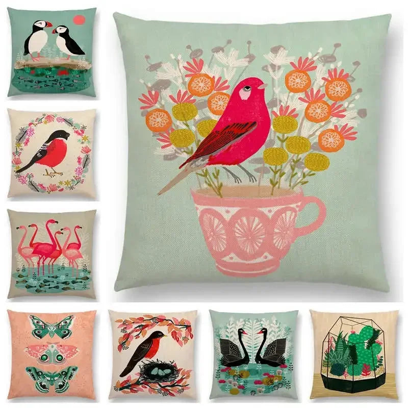 Axyaa Bird-Floral Teacup & Lepidoptera Cushion Cover for Decor & Sofa