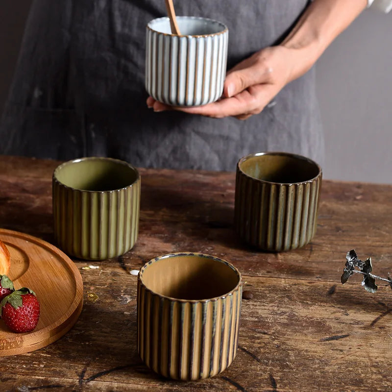 Axyaa Ceramic Tea Cup - Japanese Style Striped Coffee Mug 180ml Mug Drinkware