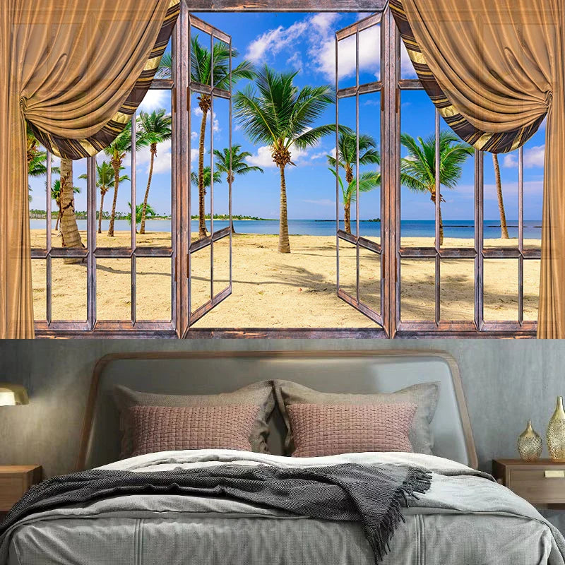 Axyaa 3D Window Scenery Tapestry Room Decoration Wall Hanging Art Background